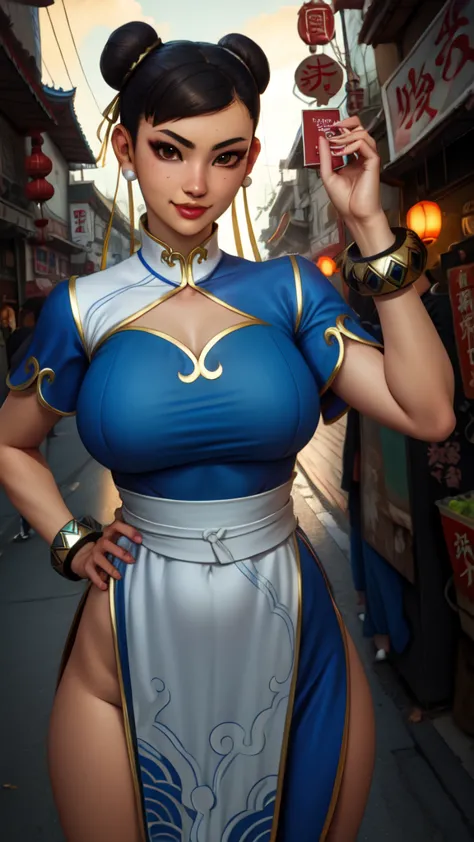 sexy chun li usando un babdoll, double bun,  black hair, brown eyes, ara-ara
chinese clothes, spiked bracelet, bun cover, earrin...