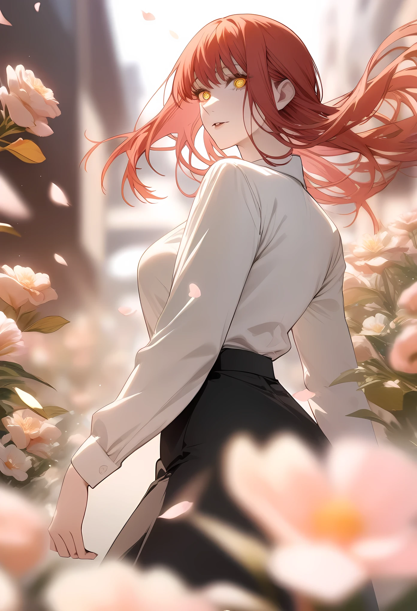 masterpiece, best quality, very aesthetic, absurdres, 1girl, mature_lady,  ,makima_(chainsaw_man),chainsaw_man,  1girl, red_hair, ringed_eyes, yellow_eyes,,surrounding by flowers,falling_petals, outdoors, petals,,,blur background,background defocus,floating hair,