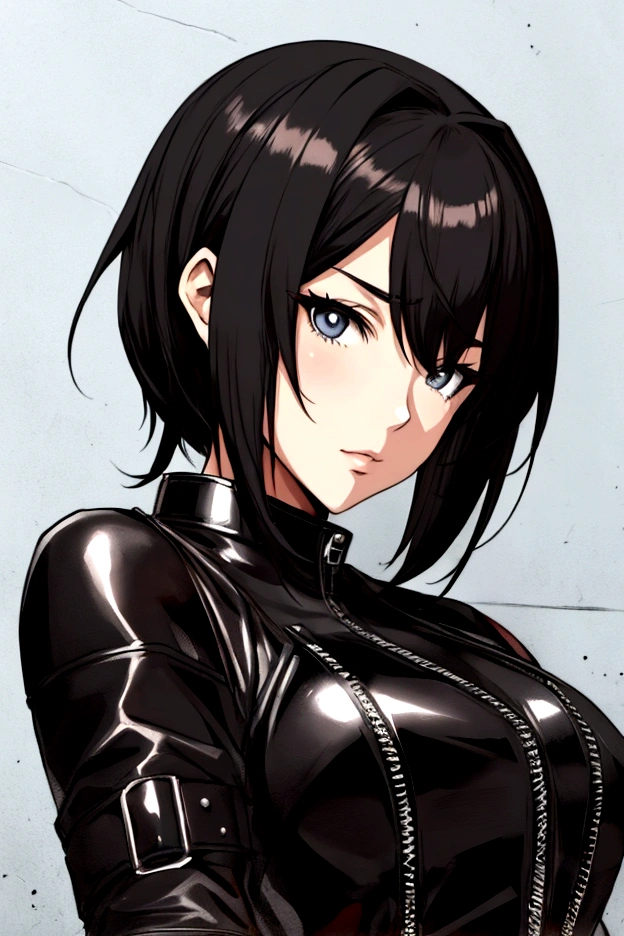 аниме девушка,в черном байкерском кожаном костюме,короткие черные волосы, собранные в хвост,красивое лицо