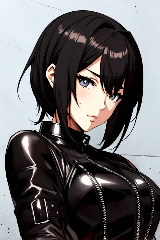 Anime girl,wearing a black biker leather suit,short ponytailed black hair,beautiful face