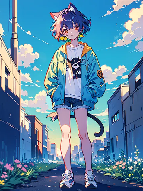 1boy, solo, cat boy, (two tails, blue tails, fluffy tail), solo, short hair, curly hair, brown hair, long bangs, multicolored ba...