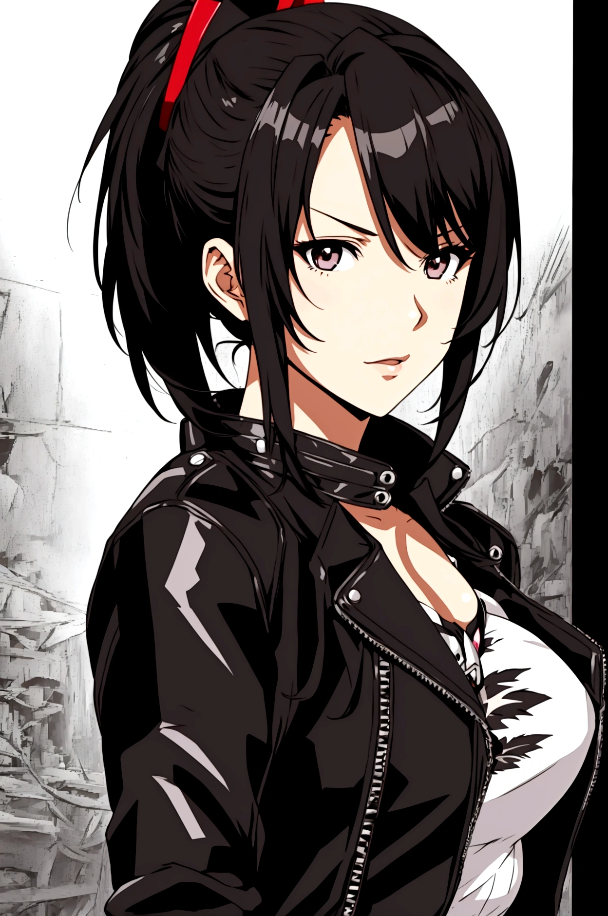 アニメの女の子,黒のバイカーレザージャケットを着て,ポニーテール 黒髪,美しい顔,