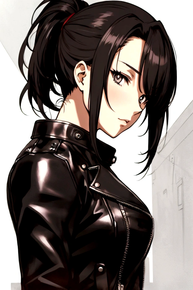 аниме девушка,в черной байкерской кожаной куртке,конский хвост, черные волосы,красивое лицо,