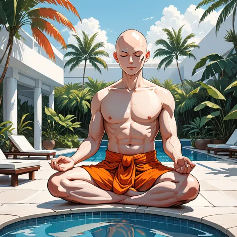 blind buddhist monk sitting in lotus position next to the pool at the white hotel, tropical, palm, white hotel, pool, round face...