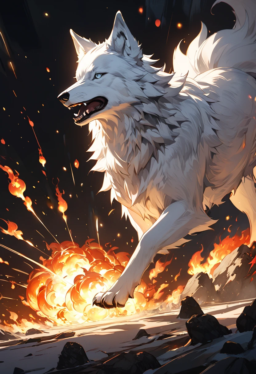 Highest quality, Super quality, 16K, Incredibly absurd, Very detailed, 2.5D, Delicate and dynamic depiction, black and white wolf、Fireballs all around、mysterious