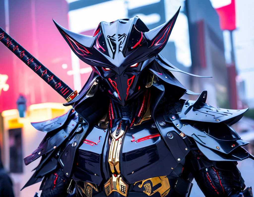 araffe dressed in a black suit holding a sword and a sword, cyborg samurai, cyber japan samurai armor, cyberpunk samurai, very beautiful cyberpunk samurai, full samurai armor spiderman, bio - mechanical ninja samurai, portrait of a cyberpunk samurai, cyber japan style armor, cyber japan armor, celtic and cyberpunk armor, black bull samurai, intricate assasin mecha armor