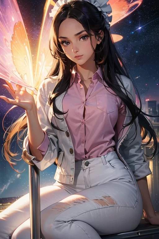 masterpiece, best quality, masterpiece, godlike quality, godlike art, highly detailed face, full body, highly realistic, cute, young girl, big eyes, long eyelashes, multicolored hair, multicolored eyes, shiny skin, full lips, big lips, shiny skin, blushing, magnificent view, in space, starry background, stars, shining light, multicolored light, maid costume   masterpiece, ultra quality, Beautiful detailed, extremely detailed,16K, exquisite, highres, Beautiful background, Beautiful eye, Beautiful skin, anime style, Kaori seducing viewers in a sexy way in the downtown area at night, (She is wearing a white denim jacket over a pink shirt., blue jeans trousers), (face focus, Close-up), 1 girl, alone, 27 years old, (cheeky pose), woman&#39;s whole body, complete diagram, anger, blush, ecstatic expression, erotic, charm的な, charm, (Muscular female slender body, clavicle, beautiful big breasts, Beautifully chiseled abs, beautiful long legs), cleavage, perfect anatomy, sweaty, It&#39;s hard to breathe, vapor, looking at the viewer, perfect quality, good quality, masterpiece, HDR, UHD,