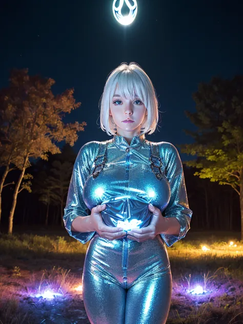 (shiny white skin:1.4),(shiny girl with  gigantic breast:1.4),(cute face:1.2) , (white hair:1.2),(mysterious blue glowing trees ...