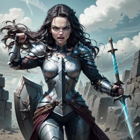 Arafed woman in armor with sword and shield in scene, Jaimie Alexander as Lady Sif, angry dark-haired women, still from the film...