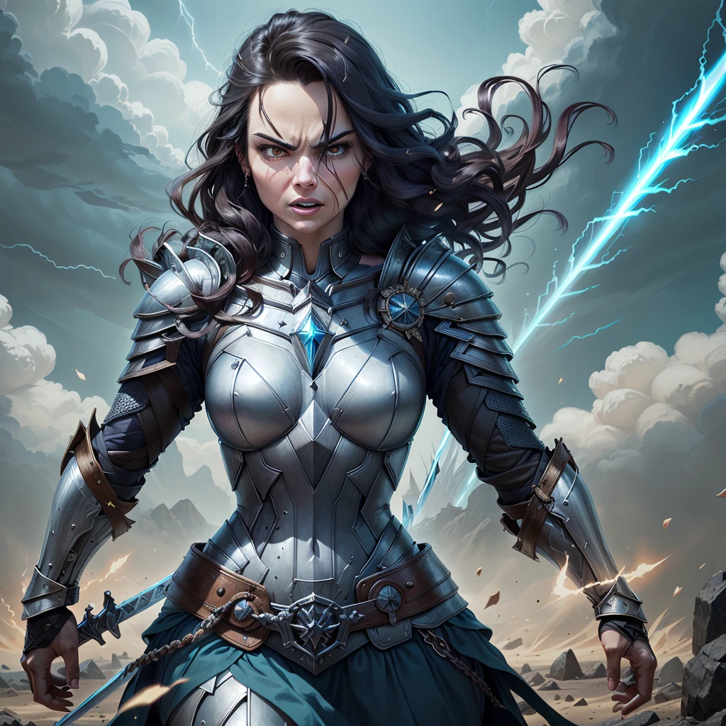 Arafed woman in armor with sword and shield in scene, Jaimie Alexander as Lady Sif, angry dark-haired women, still from the film &quot;THOR&quot;,Marvel movie, beautiful female knight, , anime style, Hair blowing in the wind, long strands of facial hair