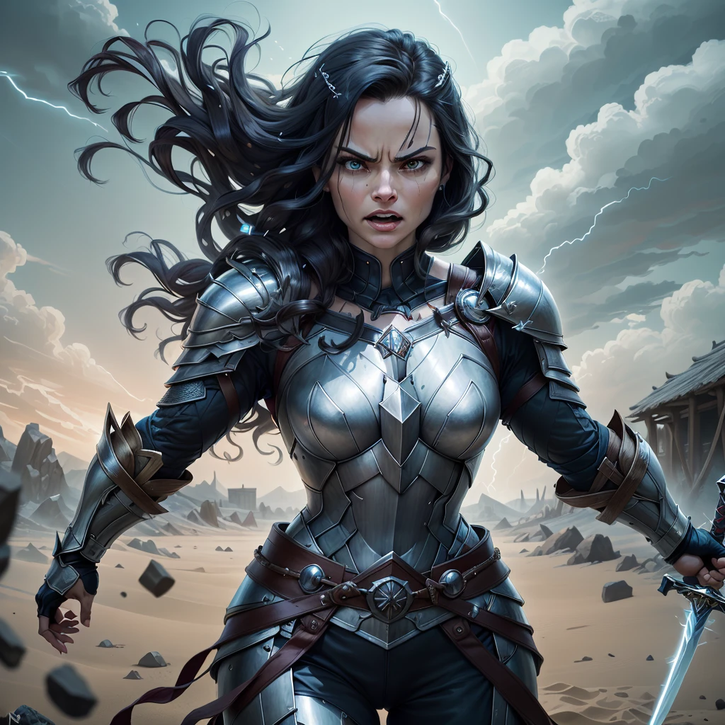 Arafed woman in armor with sword and shield in scene, Jaimie Alexander as Lady Sif, angry dark-haired women, still from the film &quot;THOR&quot;,Marvel movie, beautiful female knight, , anime style, Hair blowing in the wind, long strands of facial hair