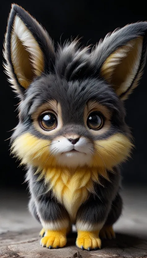 zhibi, furry pokemon, Realistic Pikachu|神奇宝贝风格的小猫monster, "monster", cute的, Colored yellow fur, 巨大的cute美丽的细致赤壁眼睛, cute, eye cont...