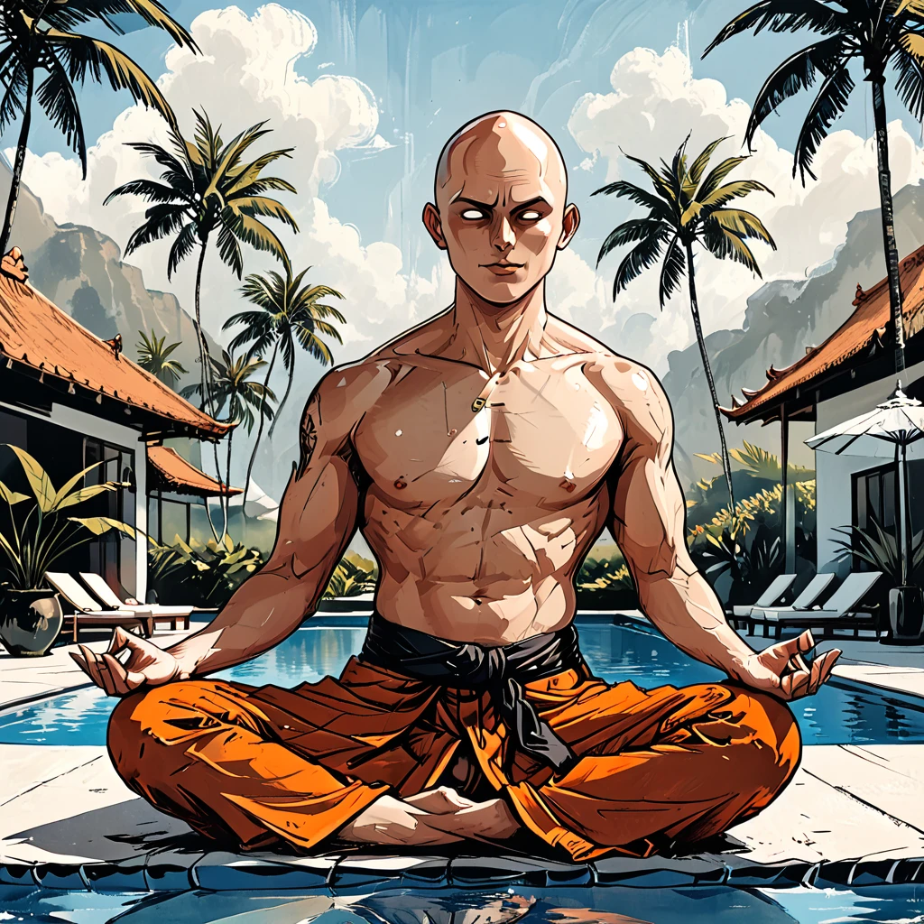 blind Buddhist monk sitting in lotus position next to the pool at the white hotel, tropical, palm, white hotel, pool, round face, white eyes, no eyebrows, no hair, bald, paw-eared, round cheeks, narrow lips, man, white sclera eyes, Whitewash Eyes, ((orange Kashaya)), graphic style of novel comics, perfect hands, 2d,
8k, hyperrealism, masterpiece, high resolution, best quality, ultra-detailed, super realistic, Hyperrealistic art, high-quality, ultra high res, highest detailed, lot of details, Extremely high-resolution details, incredibly lifelike, colourful, soft cinematic light,
