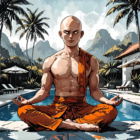 blind buddhist monk sitting in lotus position next to the pool at the white hotel, tropical, palm, white hotel, pool, round face...