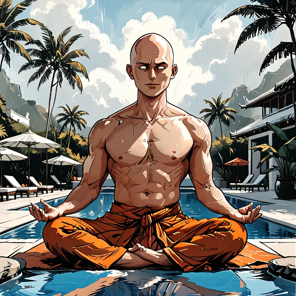 blind Buddhist monk sitting in lotus position next to the pool at the white hotel, tropical, palm, white hotel, pool, round face, white eyes, no eyebrows, no hair, bald, paw-eared, round cheeks, narrow lips, man, white sclera eyes, Whitewash Eyes, ((orange Kashaya)), graphic style of novel comics, perfect hands, 2d,
8k, hyperrealism, masterpiece, high resolution, best quality, ultra-detailed, super realistic, Hyperrealistic art, high-quality, ultra high res, highest detailed, lot of details, Extremely high-resolution details, incredibly lifelike, colourful, soft cinematic light,
