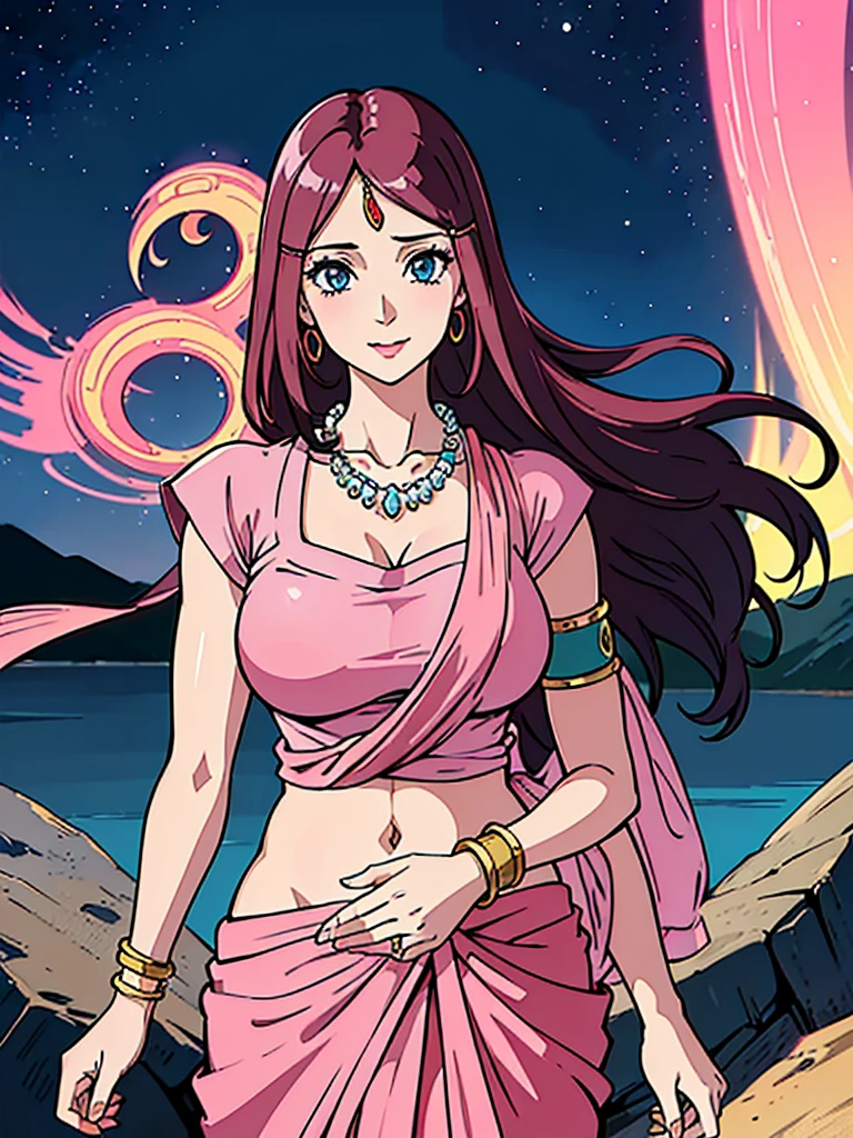 (absurdos, Resolução alta, ultra detalhado, HDR), obra de arte, melhor qualidade, Retrato de um uzumaki indiano_kushina, extremamente realista muito bonito, estilo animado, foto aproximada, anime in a(((Rosa))) vestido indiano (((saree))), cabelo longo preto ondulado desamarrado, jóias de cabeça, colar, eaargolas, braceletes, pulseiras e braceletes, argolas, expressão agradável, olhos azuis grandes e brilhantes, beleza natural, cores vibrantes,céu noturno, romântico, iluminação suave, estética vintage,peito enorme,umbigo, decote ,de pé ,[boca aberta], saliva,língua para fora,cara na frente