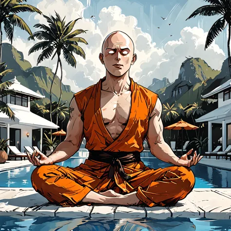 (((open mouth))),blind buddhist monk sitting in lotus position next to the pool at the white hotel, tropical, palm, white hotel,...