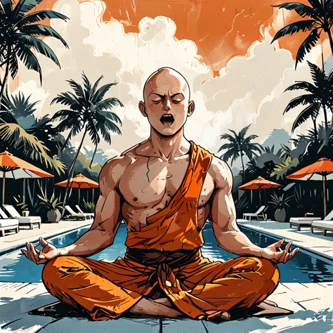 (((open mouth))),blind buddhist monk sitting in lotus position next to the pool at the white hotel, tropical, palm, white hotel,...