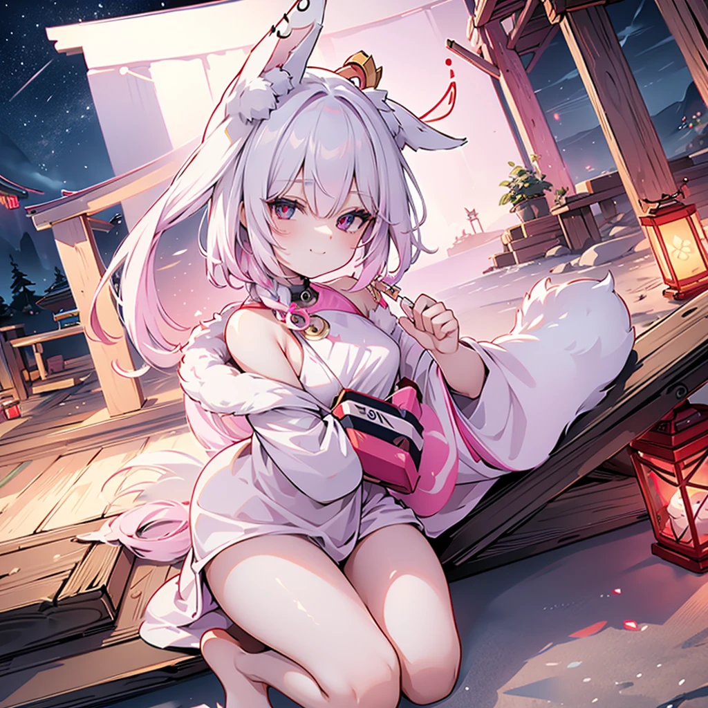 fox maiden, shrine, maiden, pink color fur, miko clothing, fox ears, night, lanterns, pink hair color, 16 years old, blood red eyes, smirk