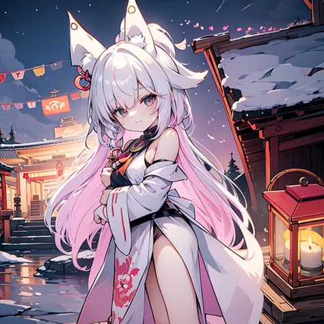 fox maiden, shrine, maiden, pink color fur, miko clothing, fox ears, night, lanterns, pink hair color, 16 years old, blood red e...