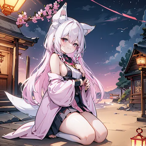 fox maiden, shrine, maiden, pink color fur, miko clothing, fox ears, night, lanterns, pink hair color, 16 years old, blood red e...