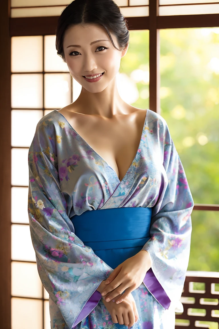 (最high quality、Tabletop、8K、Best image quality、Award-winning works)、(一人のbeautiful成熟した女性:1.1)、Mature wrinkled face、(Innkeeper:1.1)、(Elegant floral kimono:1.2)、(V-neck kimono:1.2)、Perfect mature woman portrait photo、Glowing Skin、Standing Elegantly、(Blurred elegant and exquisite perfect Japanese style room background:1.3)、(The most natural and perfect tidy Japanese style room background:1.2)、Glowing White Skin、Very white skin、(Accentuate your body lines:1.1)、(The most graceful posture:1.2)、(Large Breasts:1.2)、A perfect smile、完璧なbeautiful光沢のある唇、(Accurate anatomy:1.2)、(Standing with good posture:1.1)、(beautiful, high quality, Large kimono obi:1.2)、(完璧で自然なbeautiful袖:1.2)、(Chignon:1.1)、(Close-up of face:1.3)、(V-neck kimonoからCleavageを露出する:1.4)、(Cleavage:1.2)