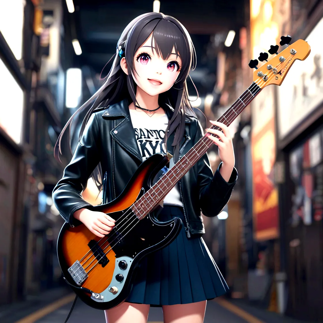 anime girl playing guitar on the city street, bassist, realistic anime 3d style, anime style 4 k, anime style. 8k, render of a c...