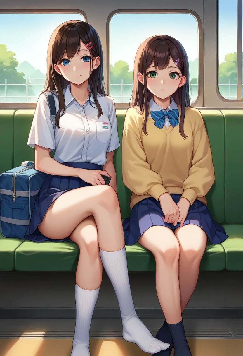 score_9, score_8_up, score_7_up, score_6_up, score_5_up, score_4_up, (source_anime), two girls sitting on a train with their luggage and looking at their cell phones, a hyperrealistic , two japanese schoolgirls posing, hyperrealistic , japanese , sitting in tokyo, wearing japanese , cute , tokyo fashion, crossed legs, girls resting, portrait of a japanese teen, wearing skirt and high socks