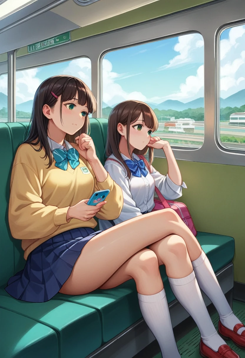 puntaje_9, puntaje_8_arriba, puntaje_7_arriba, puntaje_6_arriba, puntaje_5_arriba, puntaje_4_arriba, (fuente_animado), Dos chicas sentadas en un tren con su equipaje y mirando sus móviles., a Híper realista , two japonés schoolgirls posing, Híper realista , japonés , sentado en tokio, wearing japonés , lindo , moda de tokio, piernas cruzadas, chicas descansando, portrait of a japonés teen, usando falda y calcetines altos