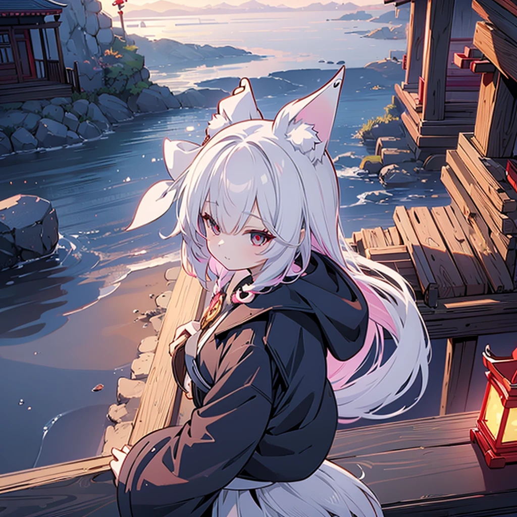 ((masterpiece)), ((Best Quality)), (Ultra-detailed), Anime style, Cute , 1girl in, Solo, 8k , fox maiden, shrine, maiden, black color fur, miko clothing, fox ears, night, lanterns, pink hair color, 16 years old, blood red eyes, smirk