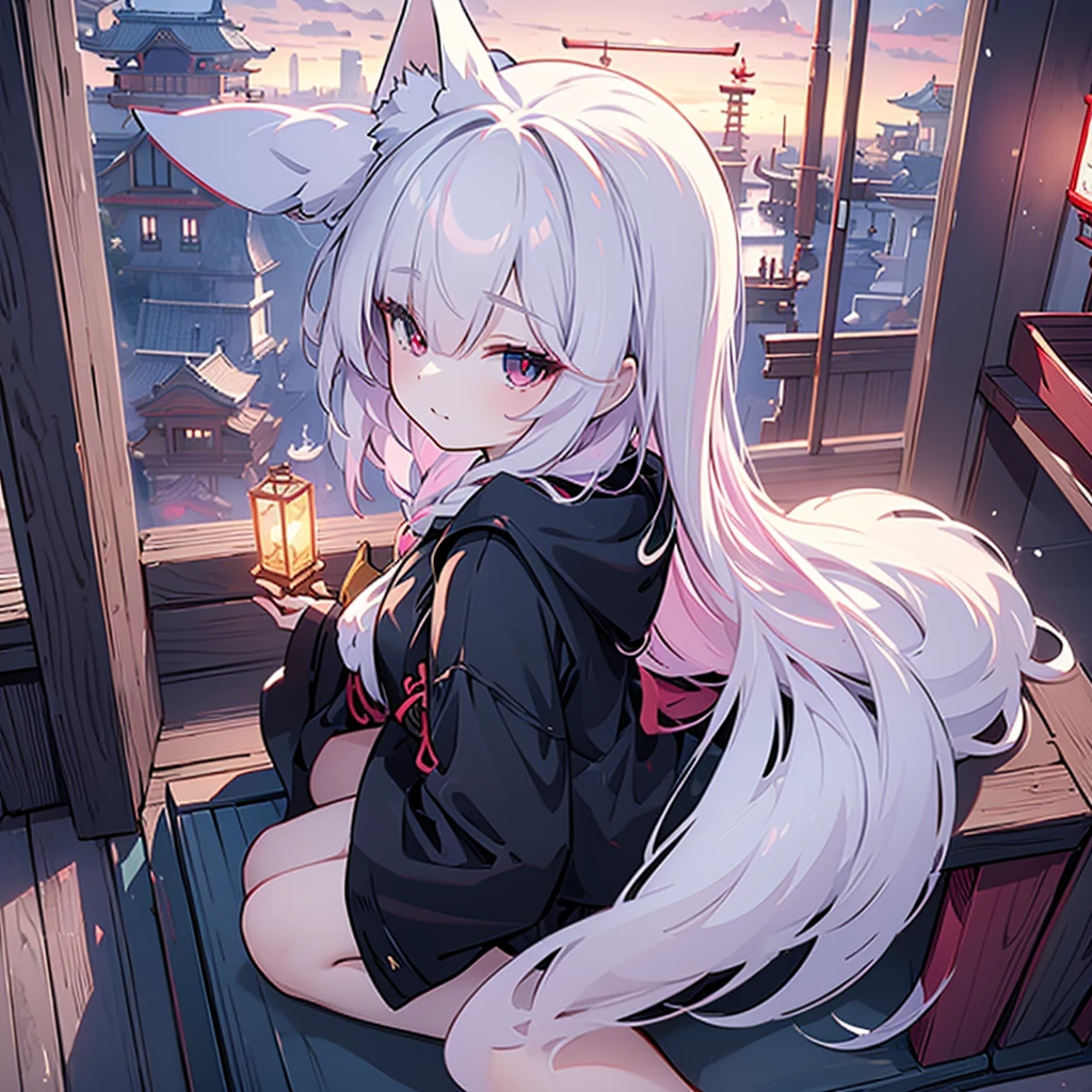 ((masterpiece)), ((Best Quality)), (Ultra-detailed), Anime style, Cute , 1girl in, Solo, 8k , fox maiden, shrine, maiden, black color fur, miko clothing, fox ears, night, lanterns, pink hair color, 16 years old, blood red eyes, smirk