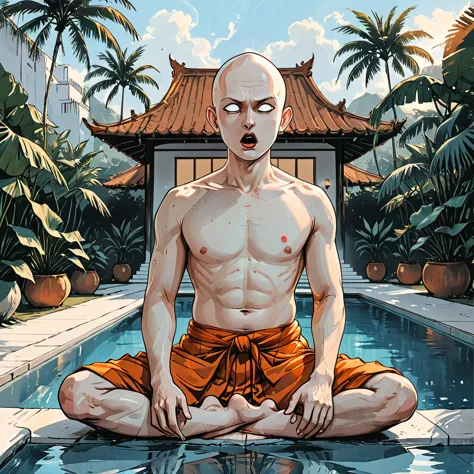 (((open mouth))),blind buddhist monk sitting in lotus position next to the pool at the white hotel, tropical, palm, white hotel,...