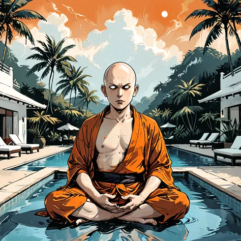 (((open mouth))),blind buddhist monk sitting in lotus position next to the pool at the white hotel, tropical, palm, white hotel,...