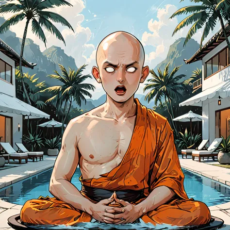 (((open mouth))),blind buddhist monk sitting in lotus position next to the pool at the white hotel, tropical, palm, white hotel,...