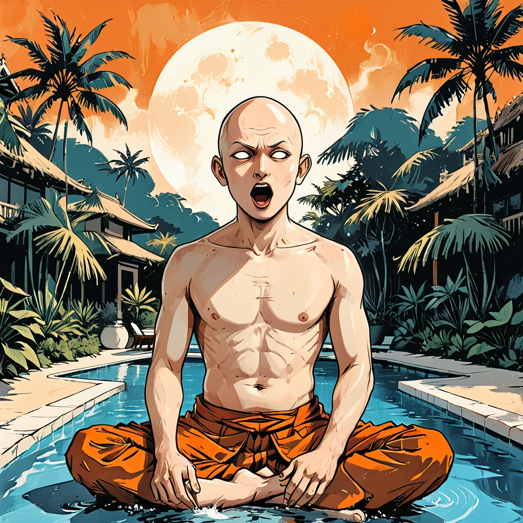 (((open mouth))),blind Buddhist monk sitting in lotus position next to the pool at the white hotel, tropical, palm, white hotel, pool, round face, white eyes, no eyebrows, no hair, bald, paw-eared, round cheeks, narrow lips, man, white sclera eyes, Whitewash Eyes, ((orange Kashaya)), graphic style of novel comics, perfect hands, 2d,
8k, hyperrealism, masterpiece, high resolution, best quality, ultra-detailed, super realistic, Hyperrealistic art, high-quality, ultra high res, highest detailed, lot of details, Extremely high-resolution details, incredibly lifelike, colourful, soft cinematic light,
