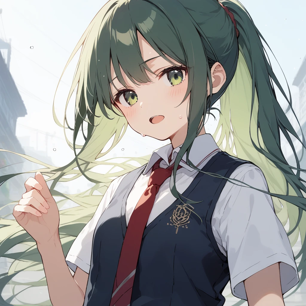 score_9, score_8_up, score_7_up, source_anime, best quality, masterpiece, official art, absurdres, highres, ultra-detailed,waifu2x,Collection: Slice of Life,break,1girl, sonozakimion,green eyes,green hair,long hair,ponytail, red necktie,vest,sweat, open mouth, sleepily,  outdoors, wind,break,(clear line illustration:1.2), super detailed skin,very high resolution, very aesthetic, Best sexual lighting powered by famous artist, 8k,cute picture,beauty illustration,photoshop_(medium),,(Detailed Lighting),best anime 8k konachan wallpaper, pixiv contest winner, 