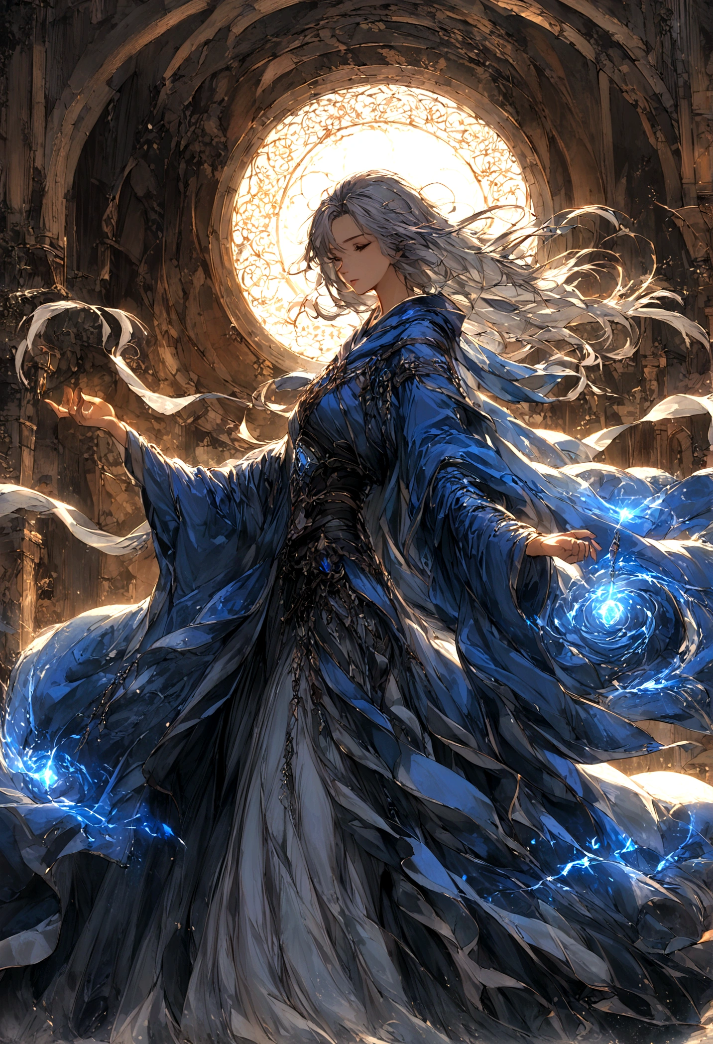 Create an illustration ofA mage garbed in azure robes, their hair dancing in the breeze, their spells conjuring swirling vortexes of wind to buffet their enemies. Their presence is as ephemeral as a passing breeze, yet their spells carry the force of a raging storm. The background must be a wind and several air effect.
