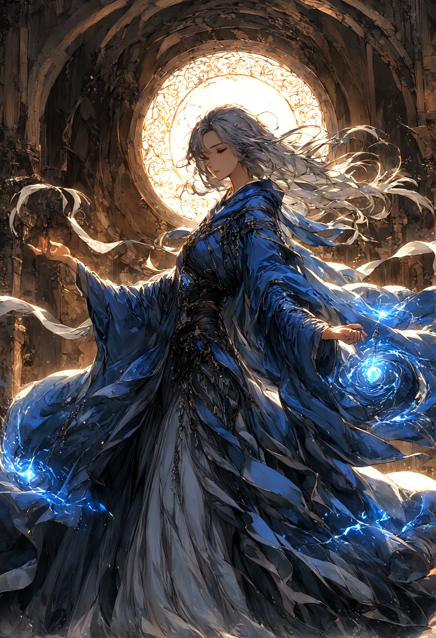 Create an illustration ofA mage garbed in azure robes, their hair dancing in the breeze, their spells conjuring swirling vortexe...