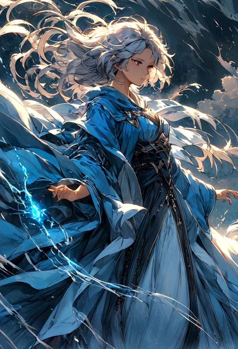 Create an illustration ofA mage garbed in azure robes, their hair dancing in the breeze, their spells conjuring swirling vortexes of wind to buffet their enemies. Their presence is as ephemeral as a passing breeze, yet their spells carry the force of a raging storm. The background must be a wind and several air effect.

