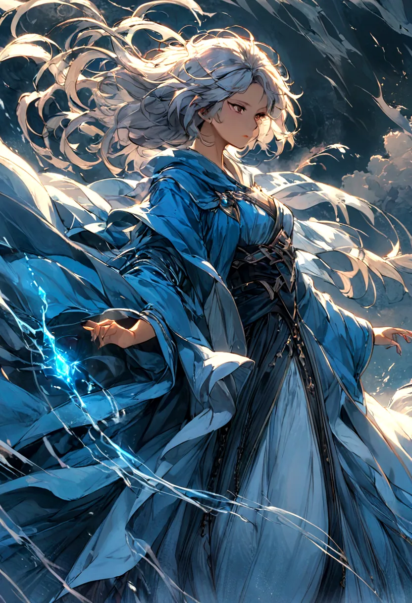 Create an illustration ofA mage garbed in azure robes, their hair dancing in the breeze, their spells conjuring swirling vortexe...