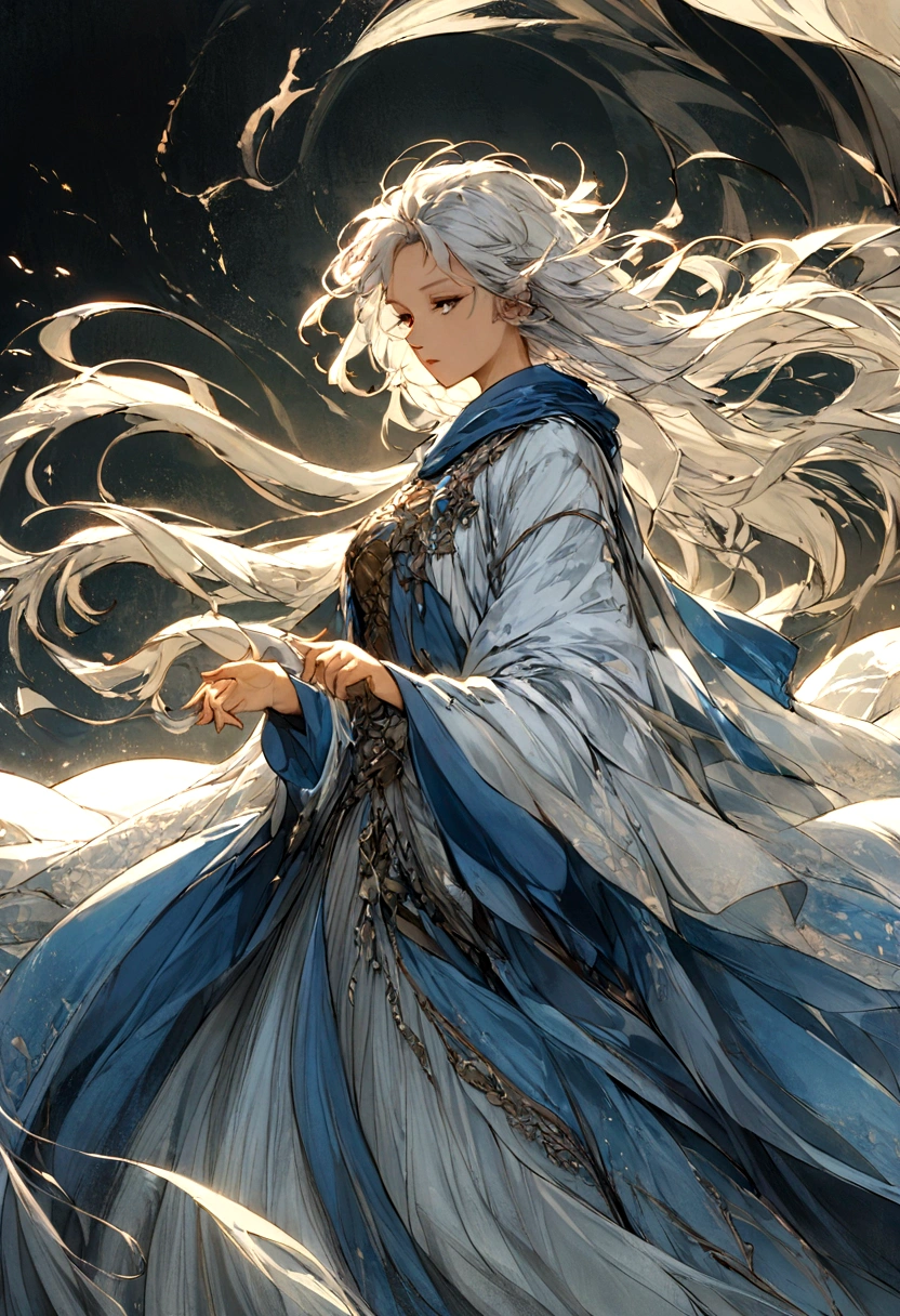 Create an illustration ofA mage garbed in azure robes, their hair dancing in the breeze, their spells conjuring swirling vortexes of wind to buffet their enemies. Their presence is as ephemeral as a passing breeze, yet their spells carry the force of a raging storm. The background must be a wind and several air effect.
