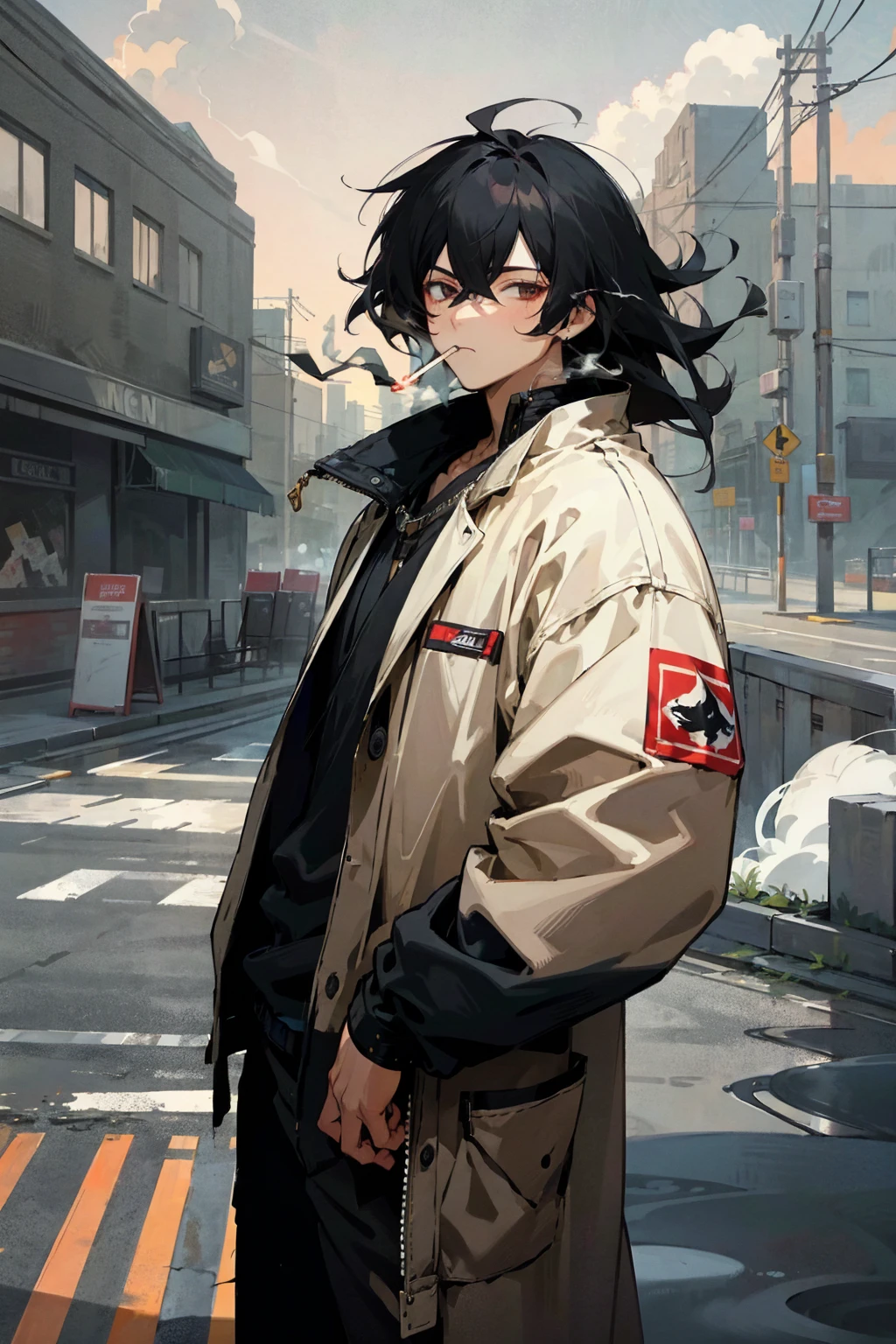 1 male, Black Hair, medium length messy hair, Black Pilot, Smoke a cigarette, Loose-fitting clothing, Chill, Urban Background, Detailed Background, Hands at your side, standing on the path,nice、Increase your followers.