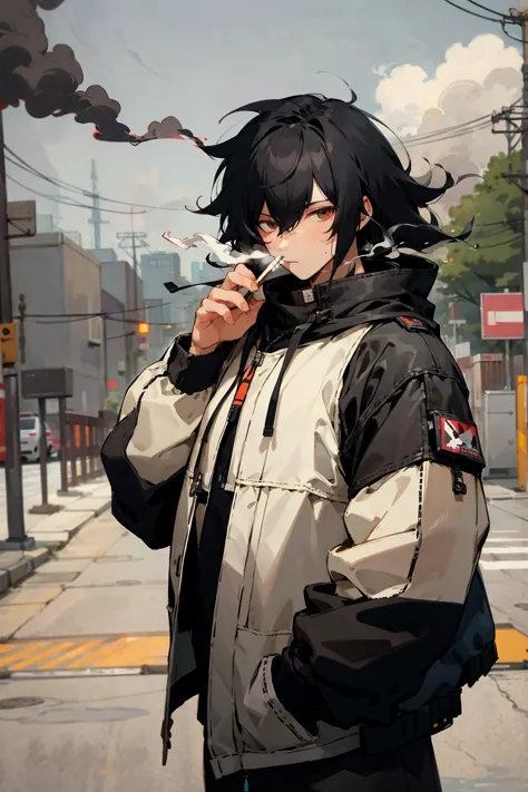 1 male, Black Hair, medium length messy hair, Black Pilot, Smoke a cigarette, Loose-fitting clothing, Chill, Urban Background, D...