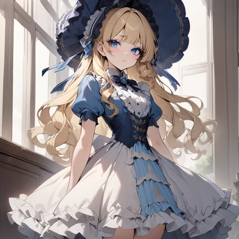 blonde hair,sidecurls,curls,blue eyes,long eyelashes,light blue victorian dress,puffy short sleeves,frilled dress,collared dress...