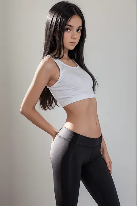 (best quality),realistic , teen girl (12 years), small size, black hair, standing, skinny body, in black legging, long legs, ins...