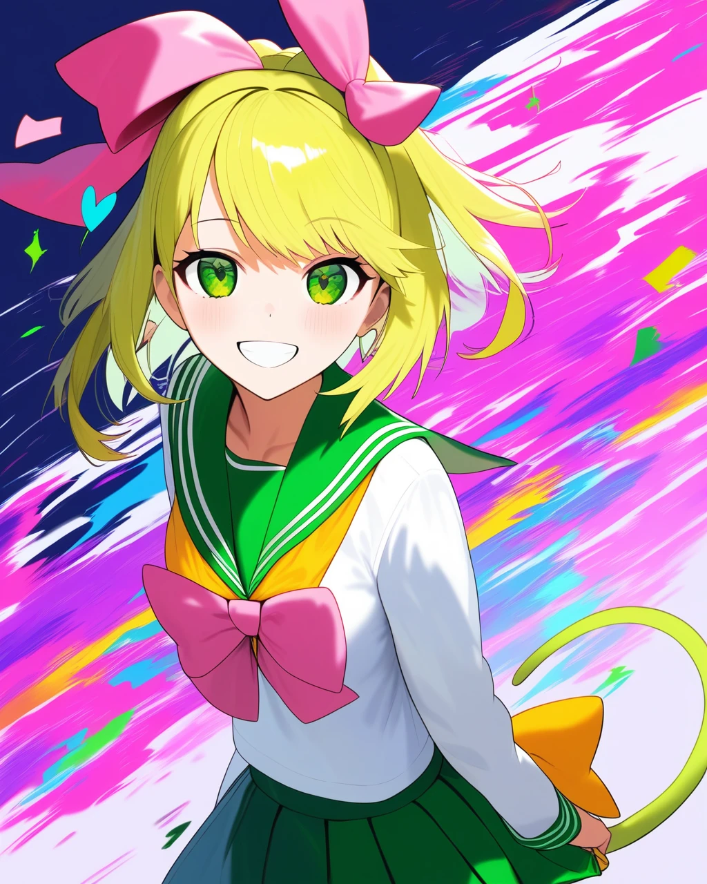 masterpiece,Highest quality,One girl, 一人in, Quad_tail, bow, green_eye, hair_bow, pink_hair, green_hair, Multicolor_hair, Glitch, Looking_in_Audience, School_uniform, smile, length_hair, upper_body, blonde_hair, Seraphim, Sailor_collar, multiple_hair_bows, heart