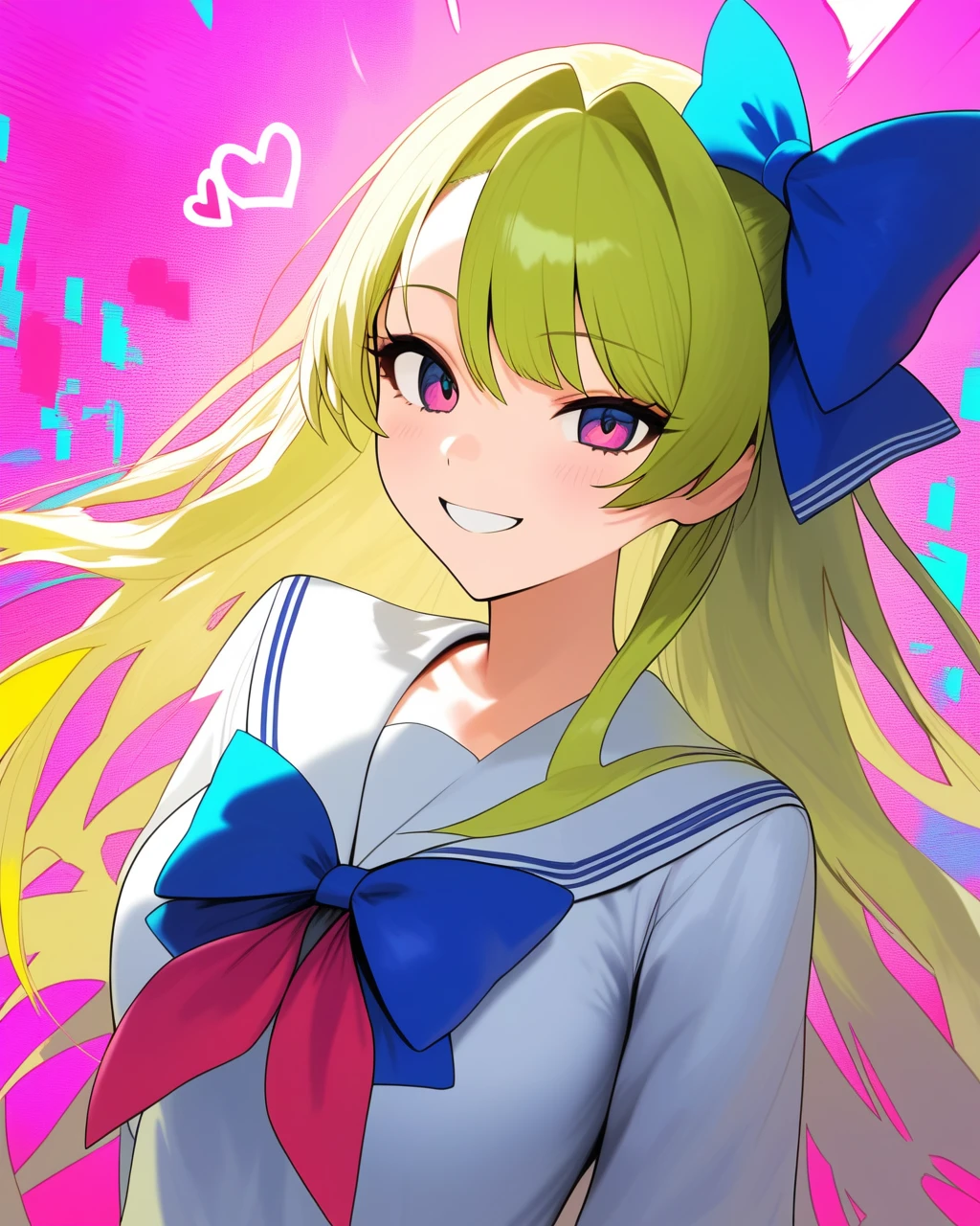 masterpiece,Highest quality,One girl, 一人in, Quad_tail, bow, green_eye, hair_bow, pink_hair, green_hair, Multicolor_hair, Glitch, Looking_in_Audience, School_uniform, smile, length_hair, upper_body, blonde_hair, Seraphim, Sailor_collar, multiple_hair_bows, heart