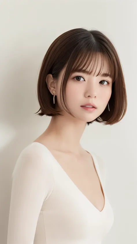 Portraiture、masterpiece:1.3、One Girl、Baby Face、Natural look、very cute、Brown Hair、Short Bob、small red earrings、Fuller lips、No mak...