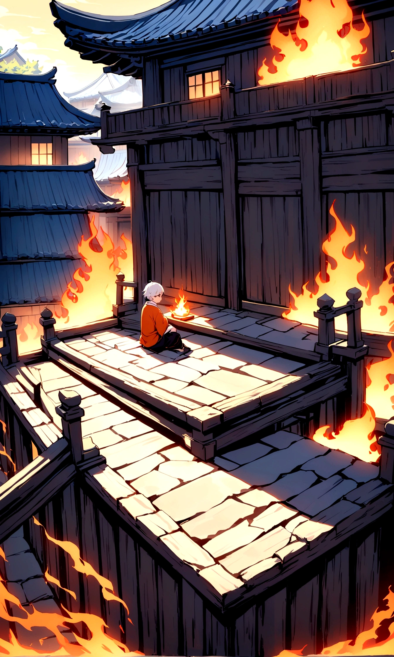 An animated scene depicting an young person with white hair and a sword,sitting on the steps of a traditional wooden structure with Japanese architectural elements. The background is engulfed in orange flames with trees burning, creating a fiery atmosphere that illuminates the scene. The ground is made of textured, cracked stone tiles., very long shot, everything is broken, and everything is burning, the young men look serious and seems like he doesn't care, long exposure, rooftop view 