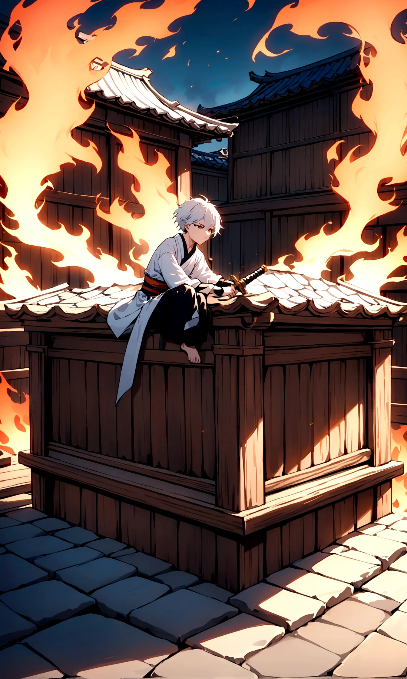 An animated scene depicting an young person with white hair and a sword,sitting on the steps of a traditional wooden structure w...